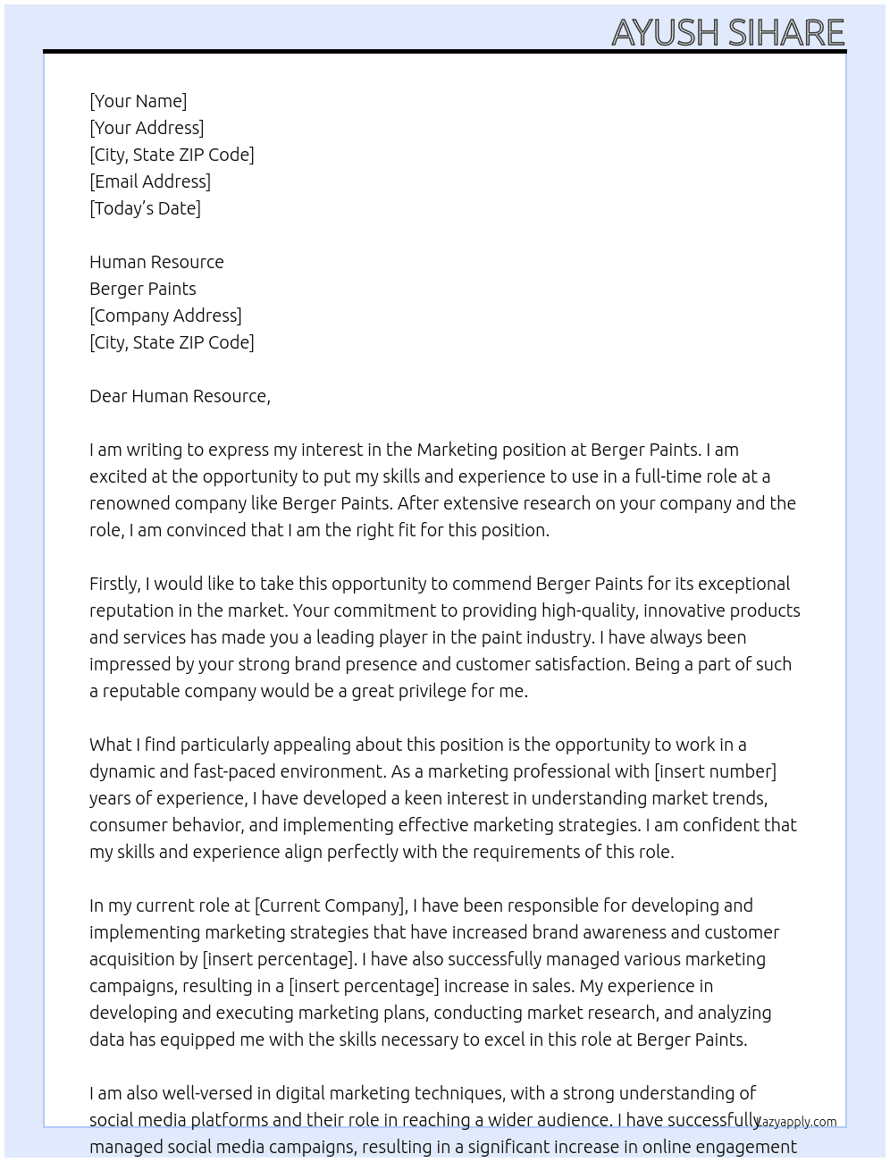 Marketing  At Berger paints Cover Letter