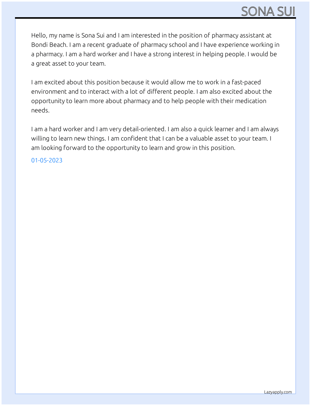Pharmacy Assistant At Bondi Beach Cover Letter
