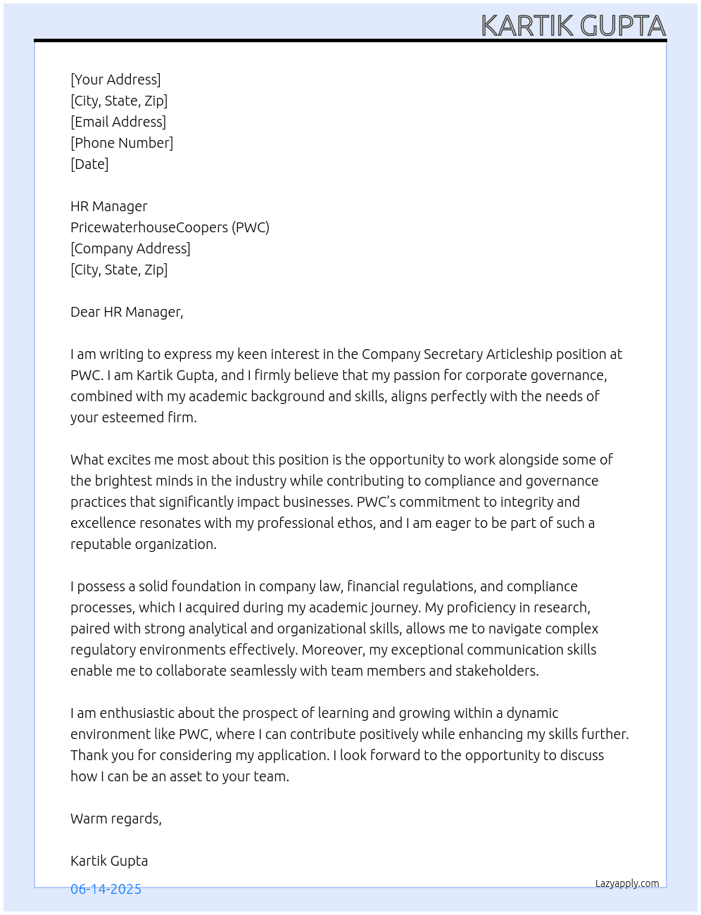 company secretary articleship At PWC Cover Letter