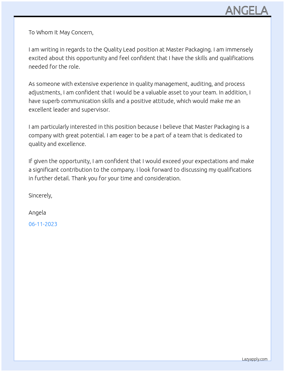 Quality lead  At Master Packaging  Cover Letter
