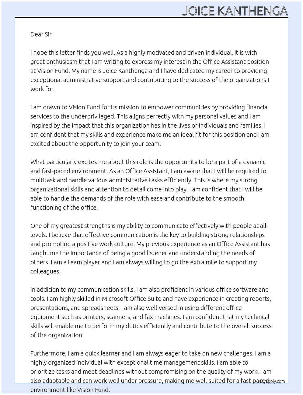 Office Assisstant At Vision Fund Cover Letter