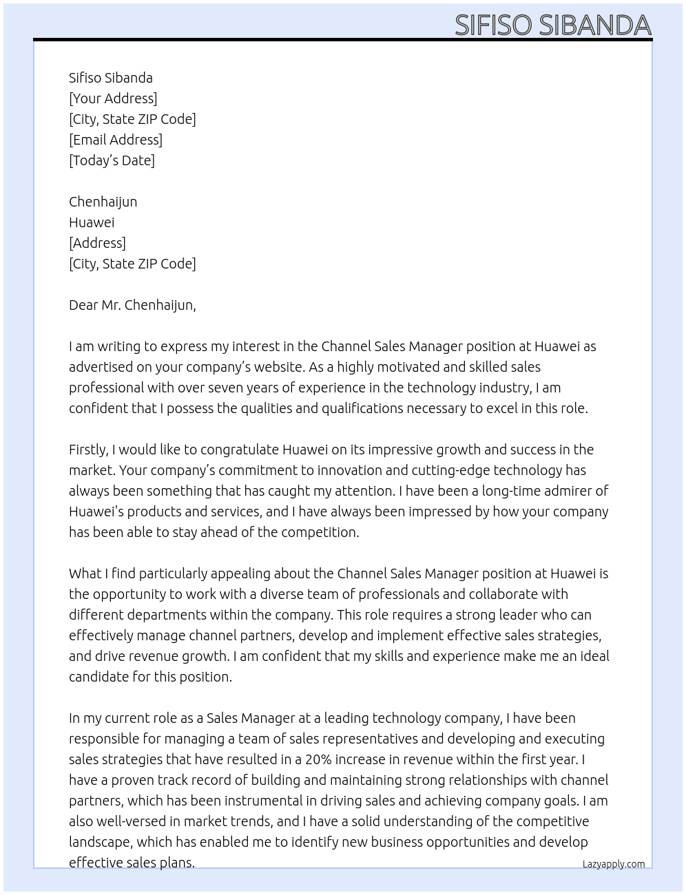 Channel Sales Manager At Huaweii Cover Letter