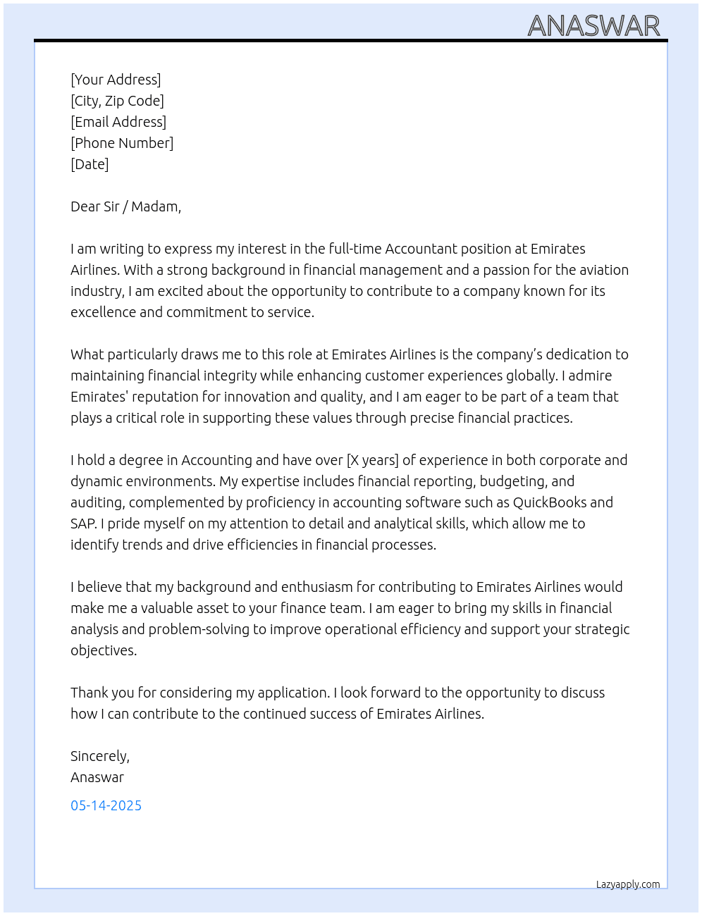 Accountant At EMIRATES AIRLINES  Cover Letter