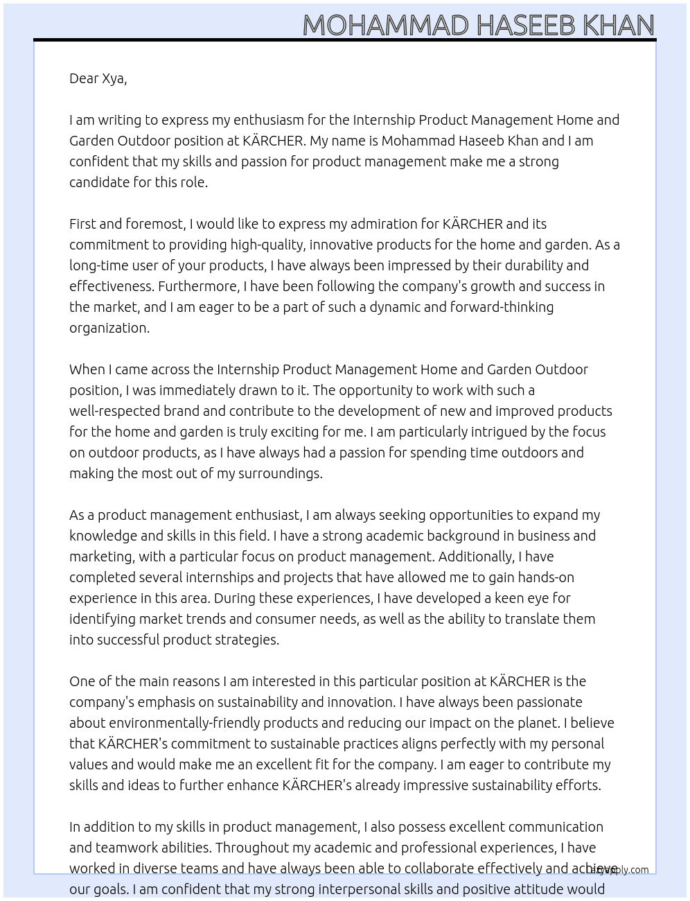 NTERNSHIP PRODUCTMANAGEMENT HOME AND GARDEN OUTDOOR At KÄRCHER Cover Letter