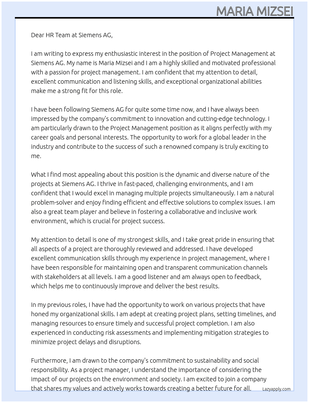 project management At Siemens AG Cover Letter