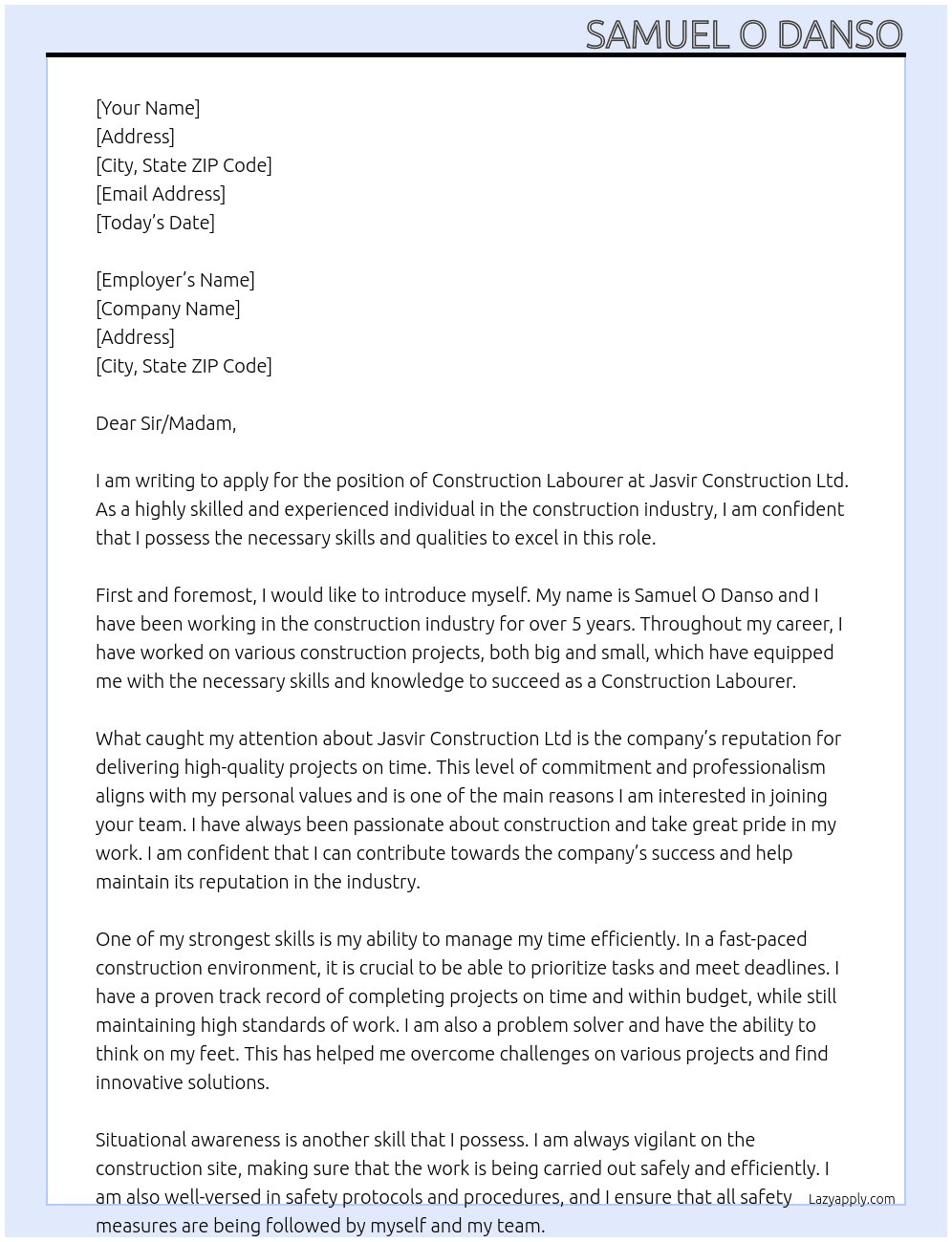 Construction labourer At Jasvir Construction Ltd Cover Letter