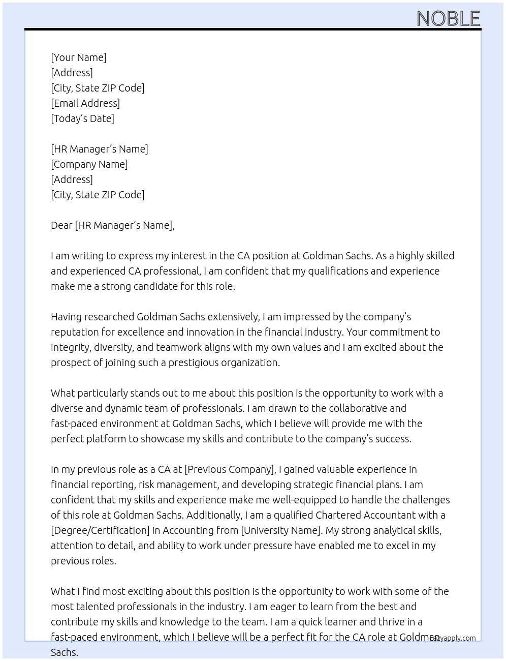 CA At Goldman Sachs Cover Letter