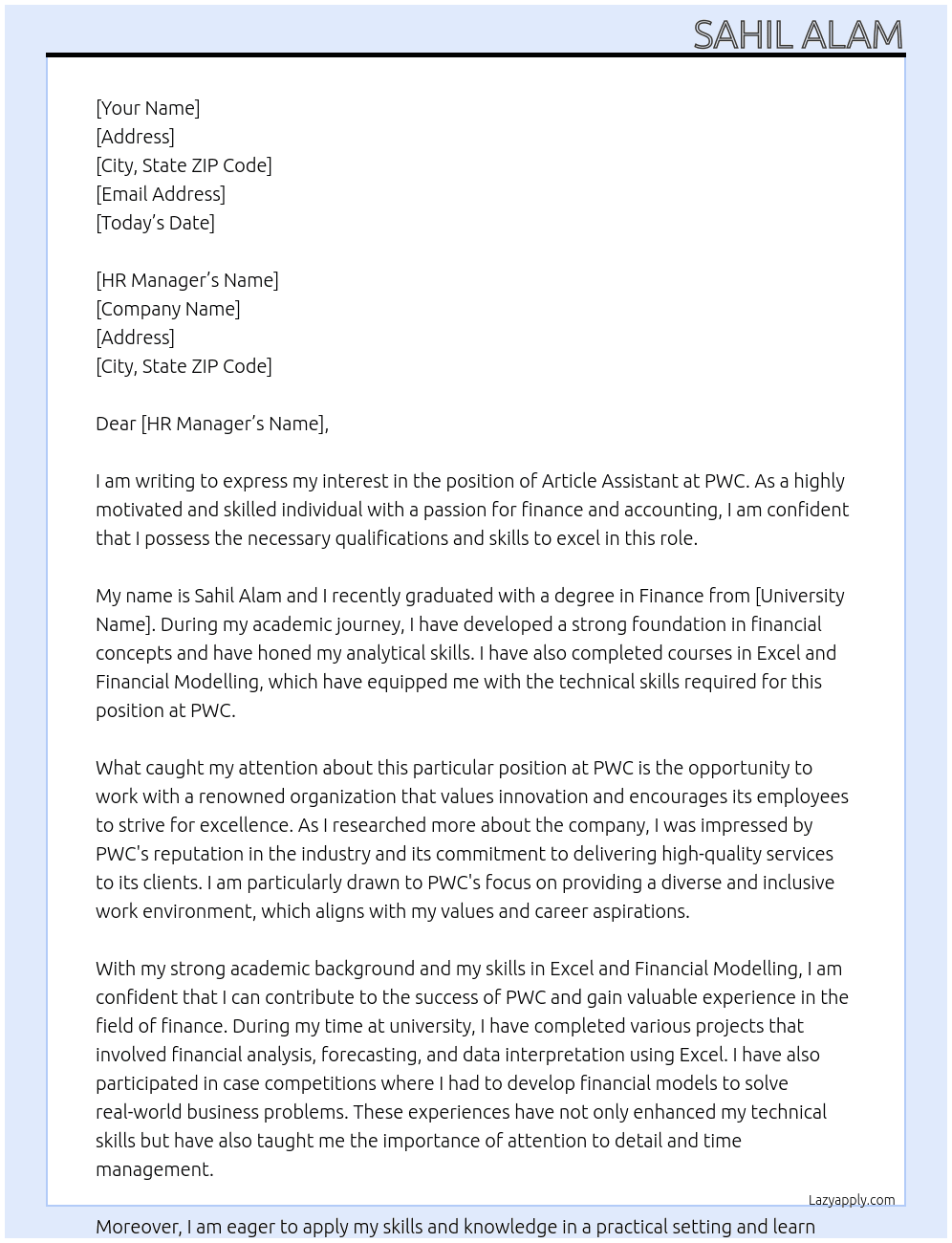 Article Assistant At PWC Cover Letter
