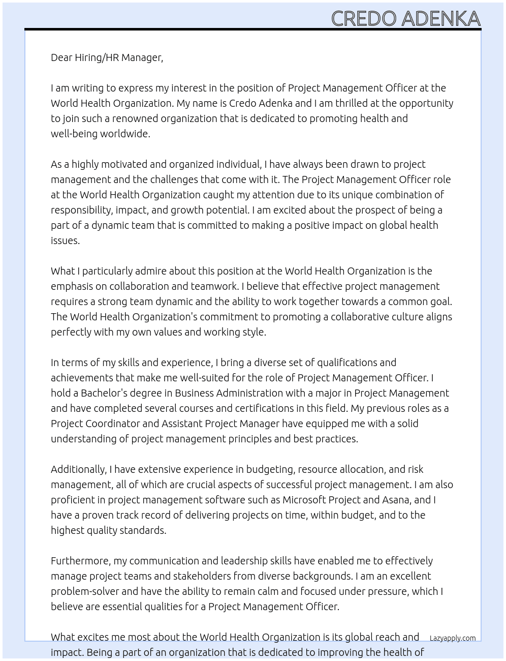 Project Management Officer At World Health Organization Cover Letter
