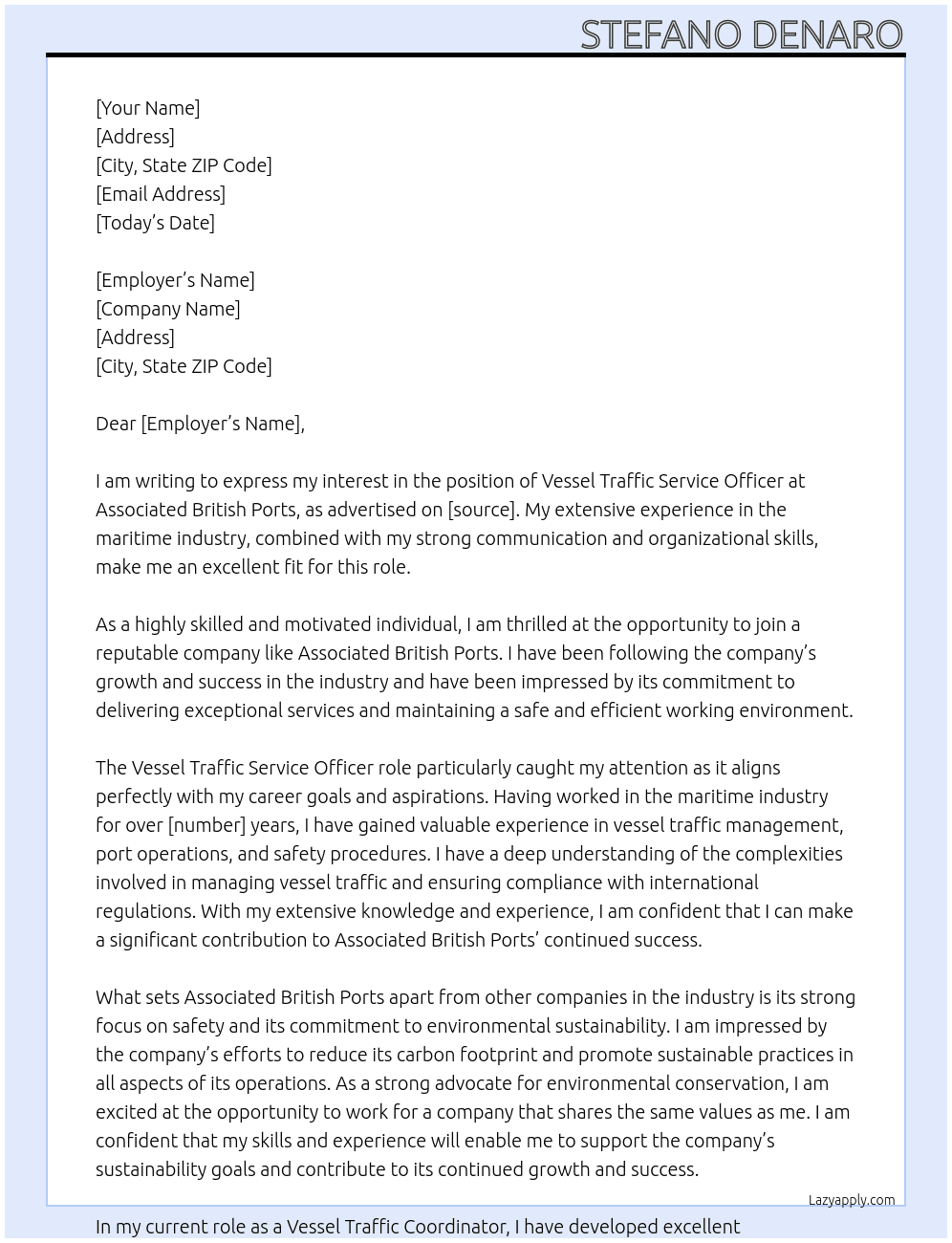 vessel traffic service officer At associated british ports Cover Letter