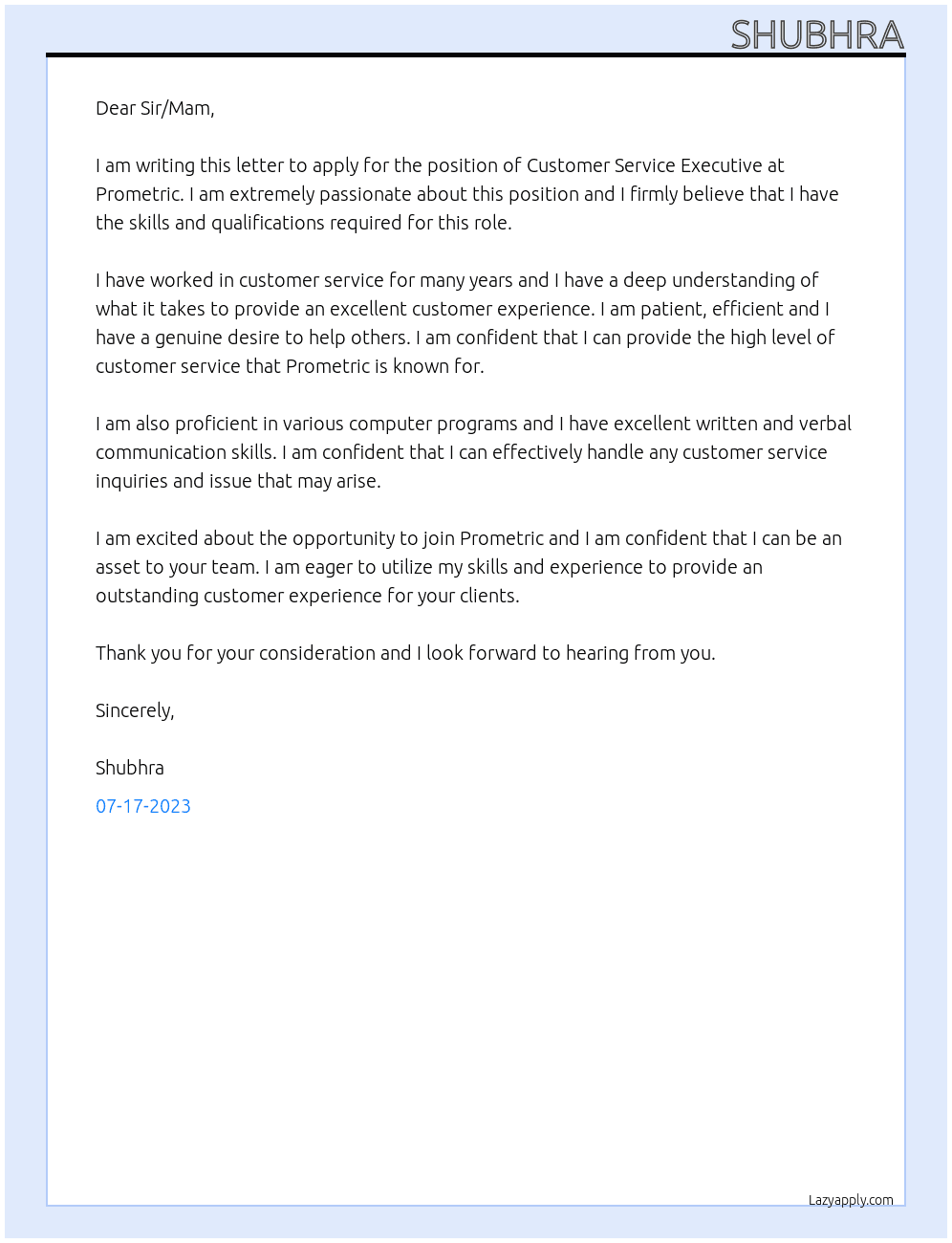 Customer service executive At Prometric Cover Letter