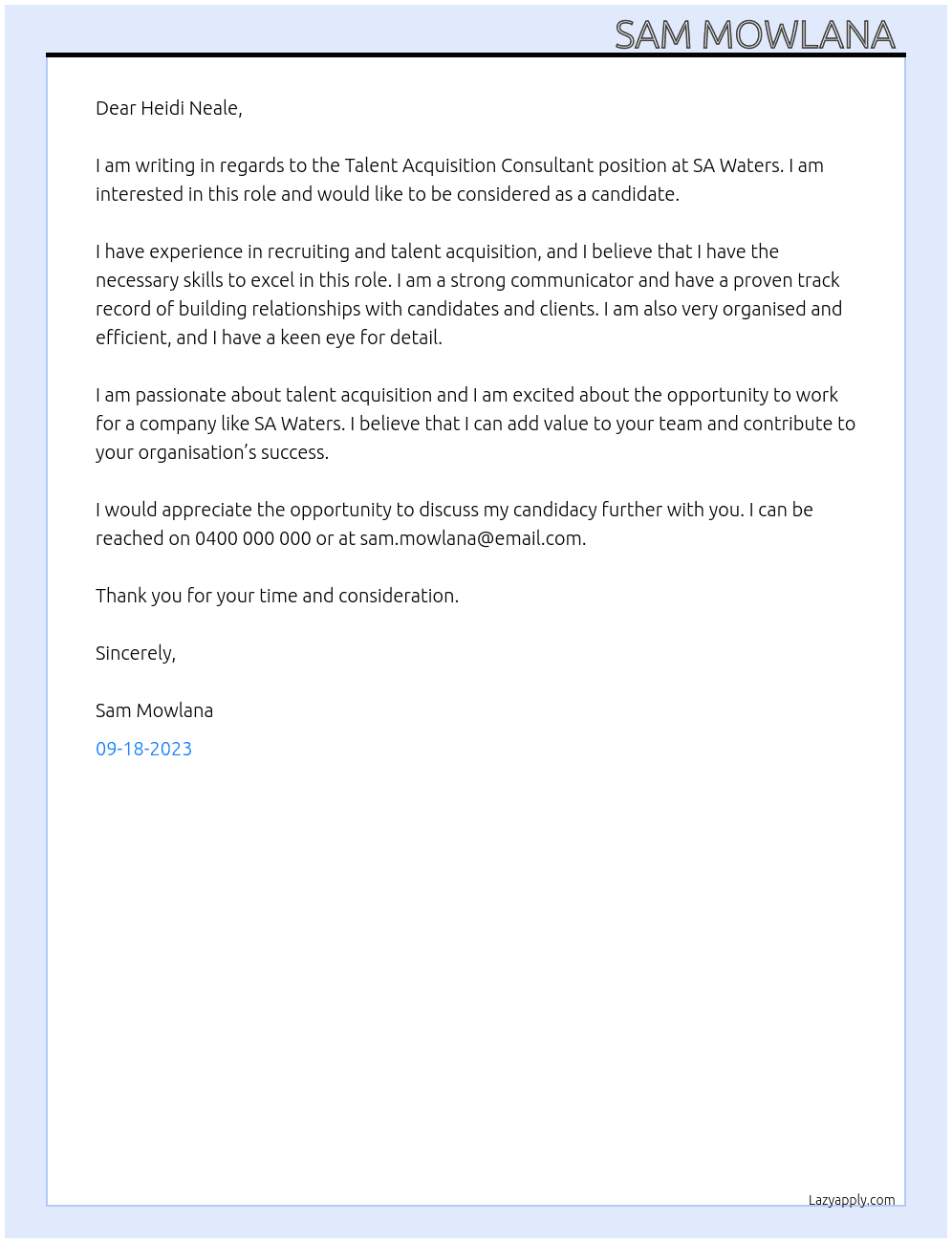 Talent Acquisition Consultant At SA Waters  Cover Letter