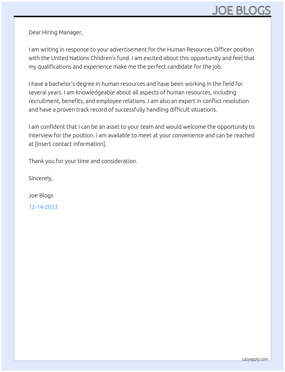 Human Resources Officer At United Nations Children's fund Cover Letter