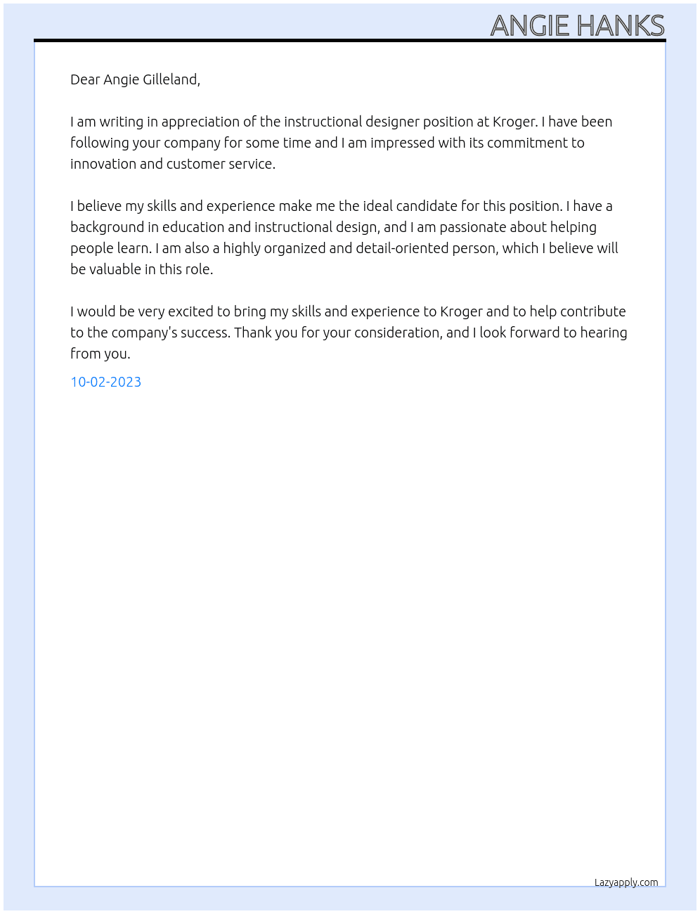 Instructional Designer At Kroger  Cover Letter