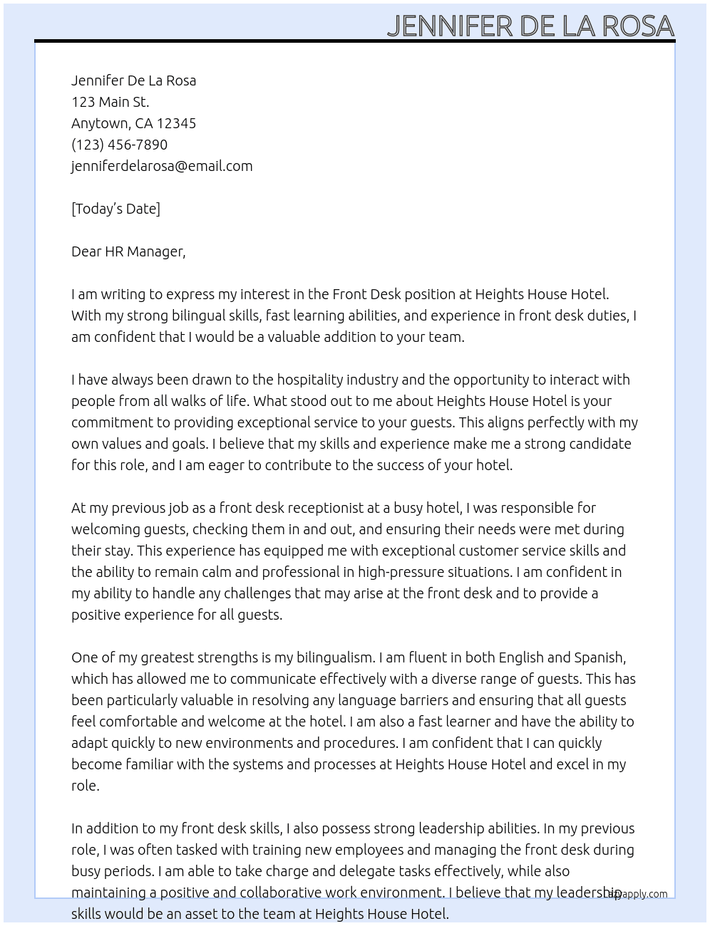Front desk  At Heights House Hotel Cover Letter