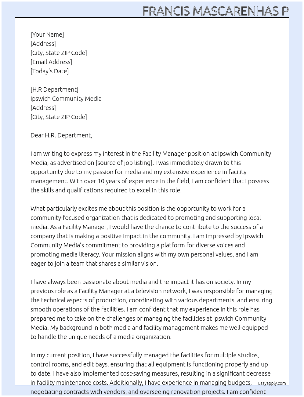 Facility Manager  At Ipswich Community Media  Cover Letter