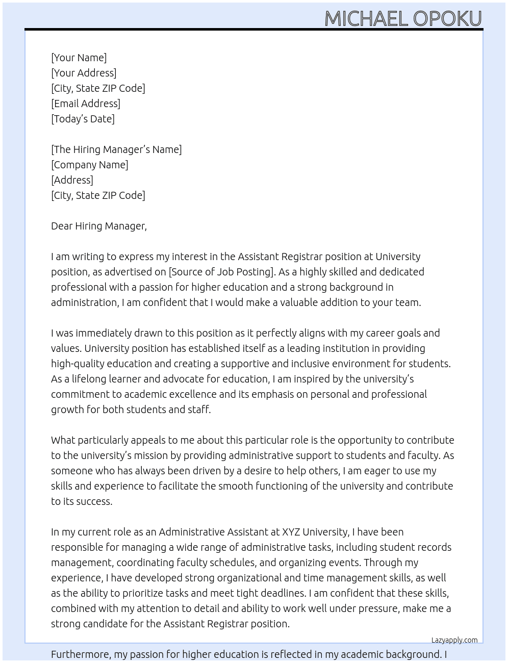 Assistant Registrar At University position  Cover Letter