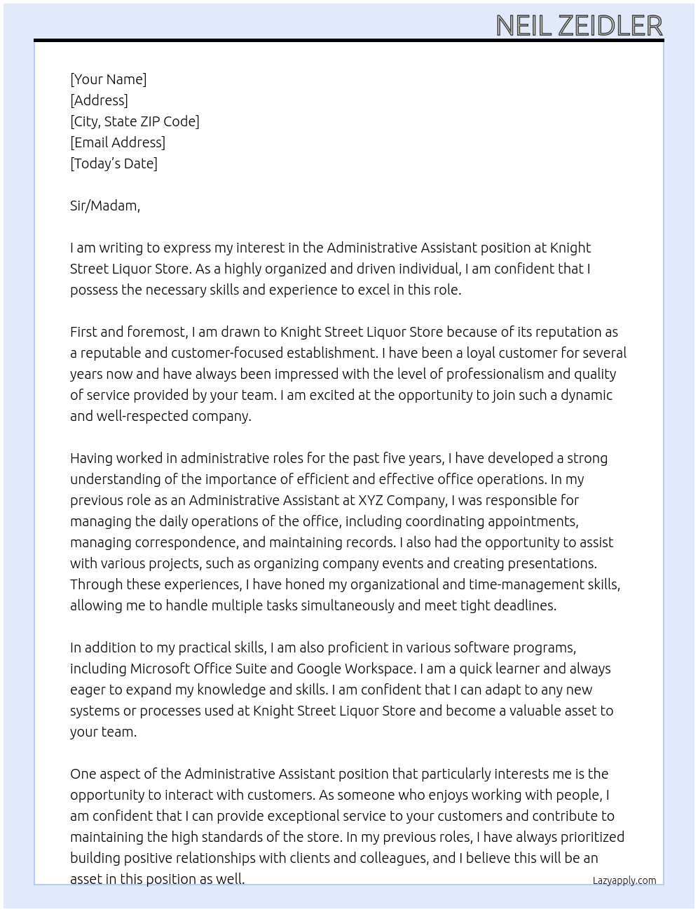 Administrative assistant At Knight Street Liquor Store Cover Letter