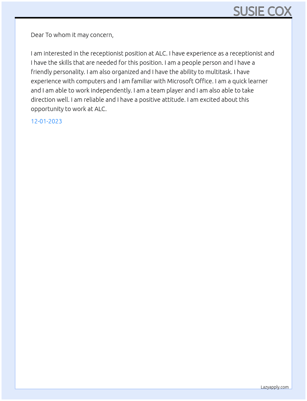 Receptionist  At ALC Cover Letter