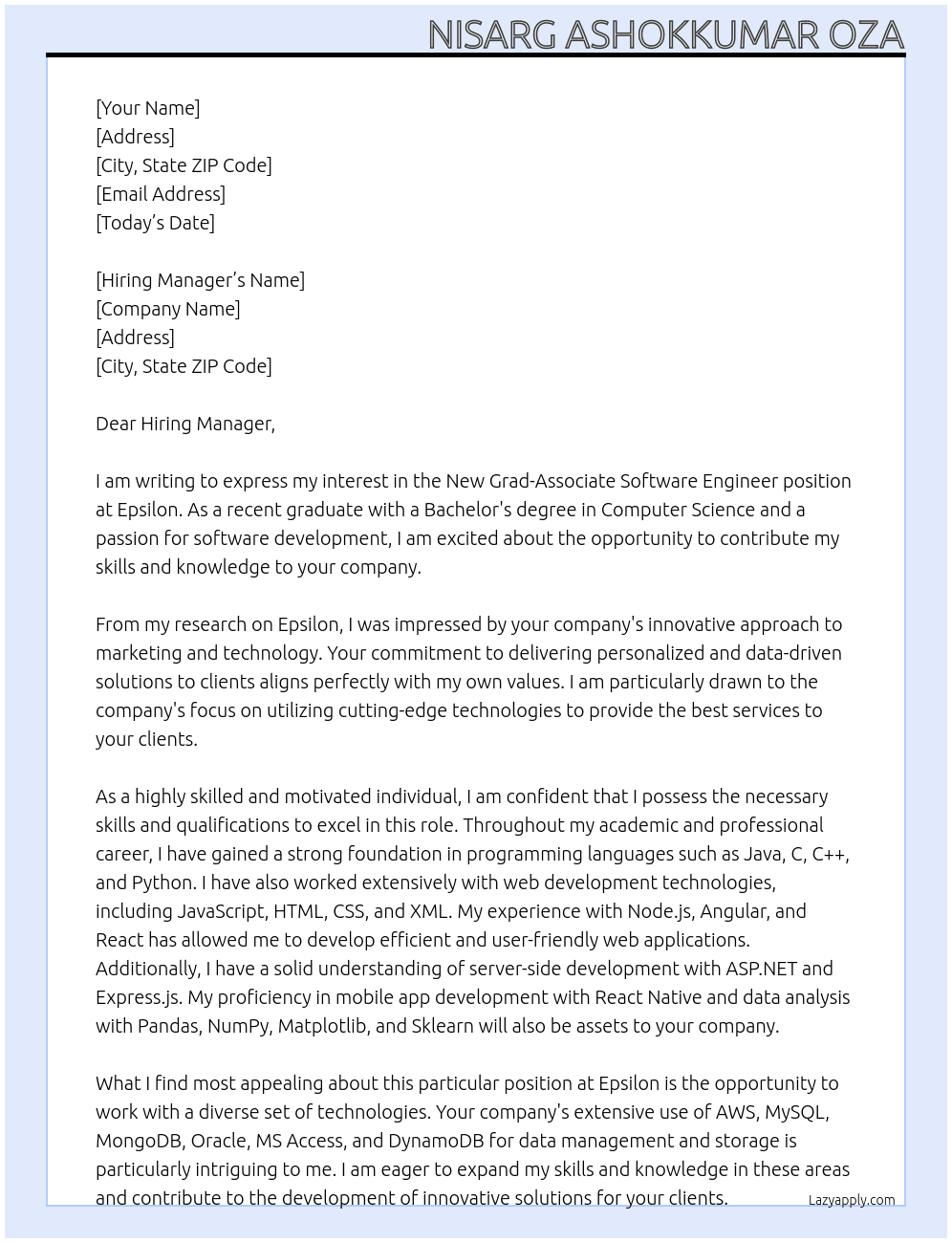 New Grad-Associate Software Engineer At Epsilon Cover Letter