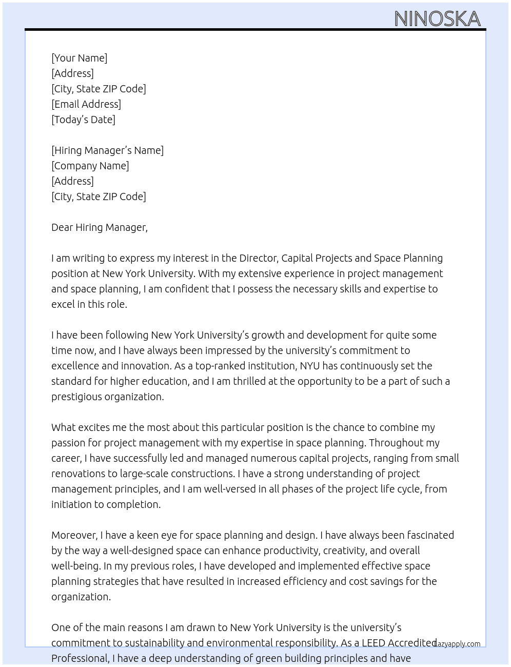 Director, Capital Projects and Space Planning At New York University Cover Letter