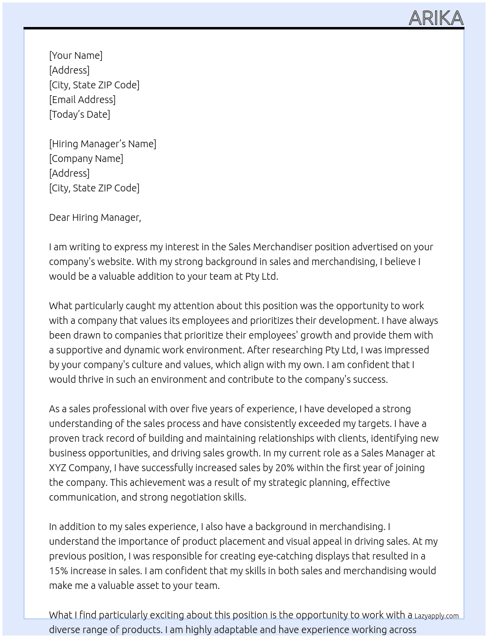 Sales Merchandiser At Pty Ltd Cover Letter
