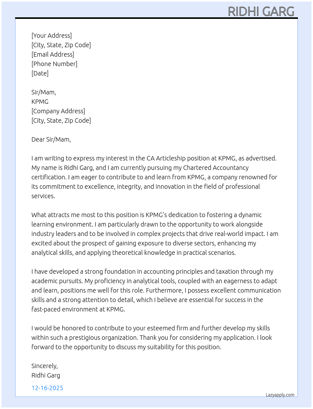 CA Articleship  At KPMG Cover Letter