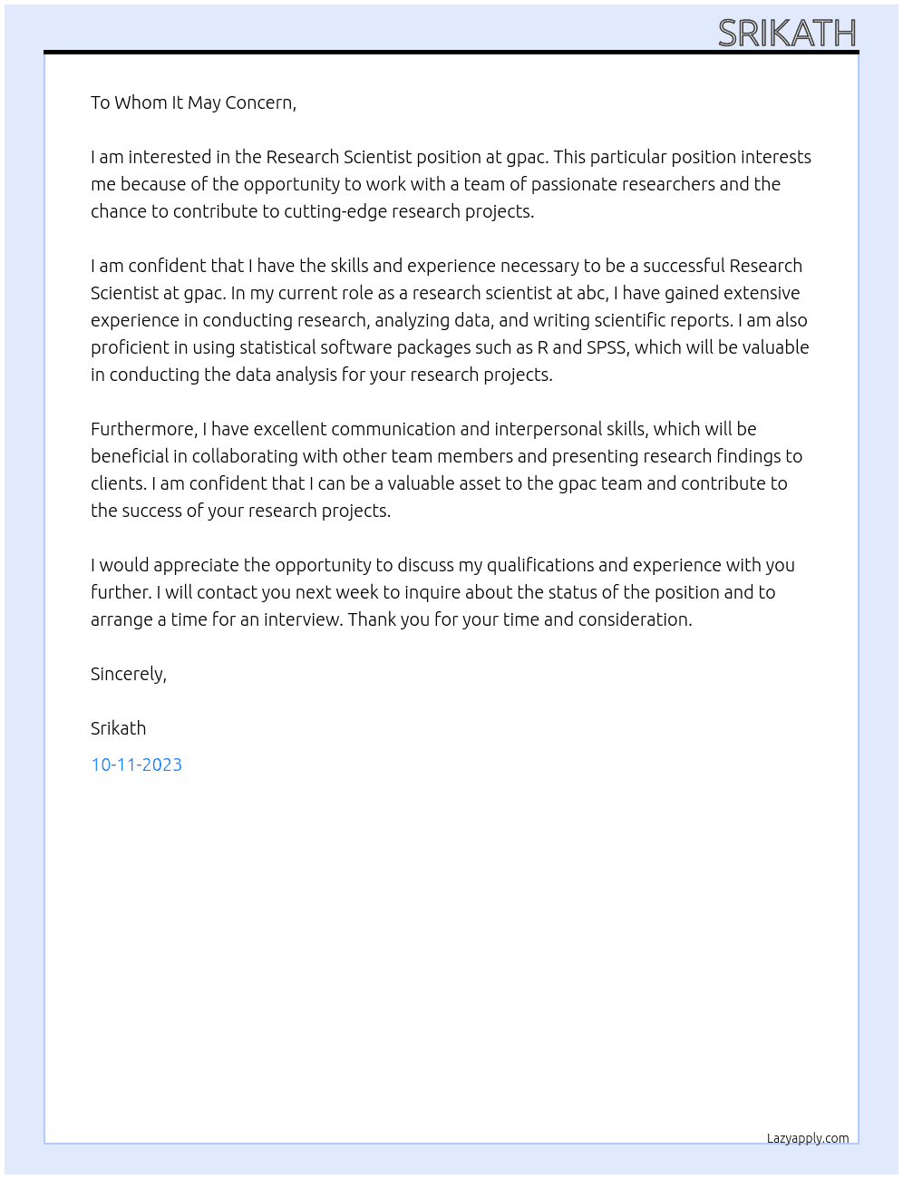 research scientist At gpac Cover Letter