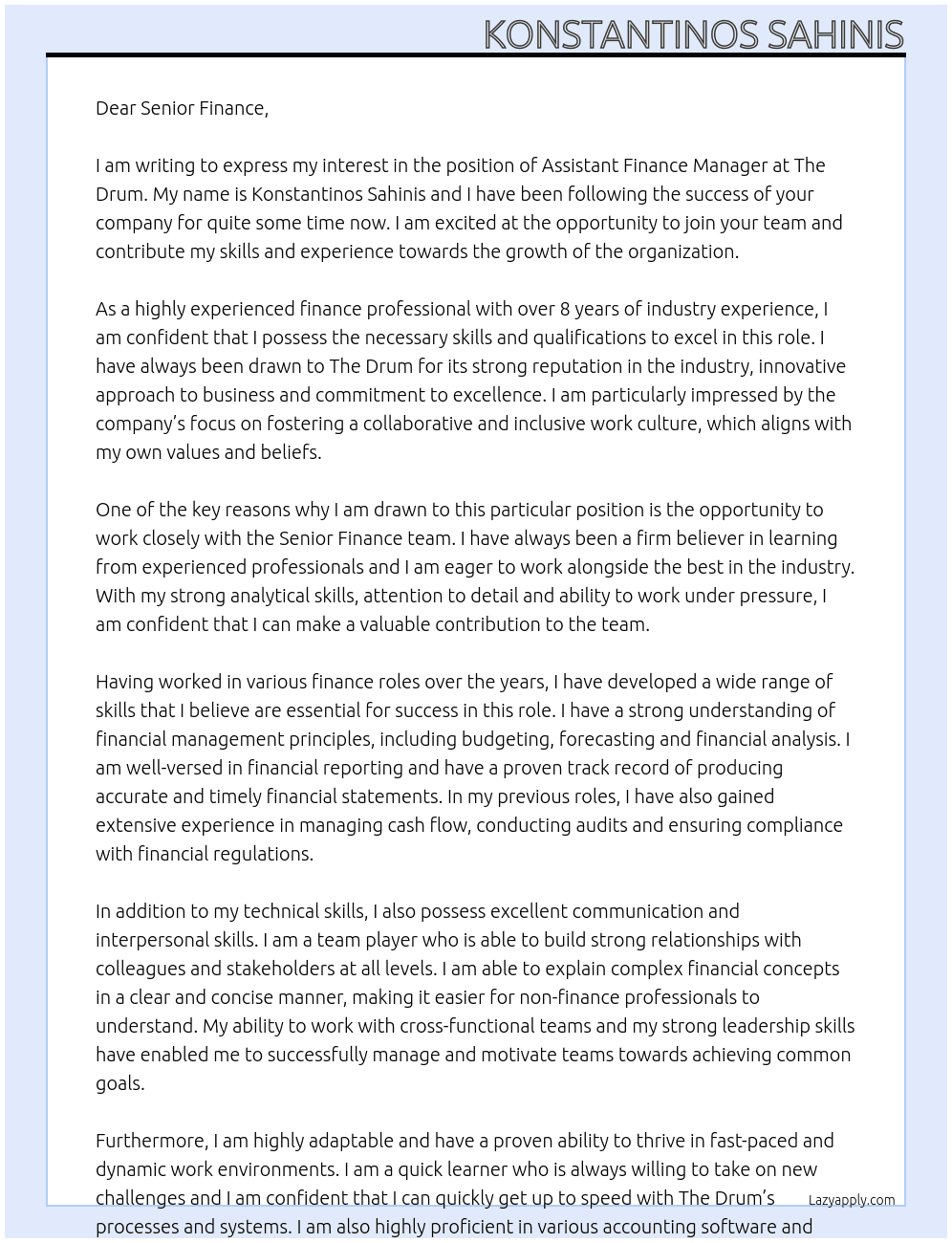Assistant Finance Manager At The Drum Cover Letter