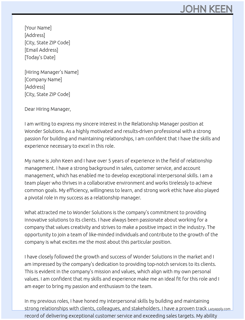 Relationship manager At Wonder solutions  Cover Letter