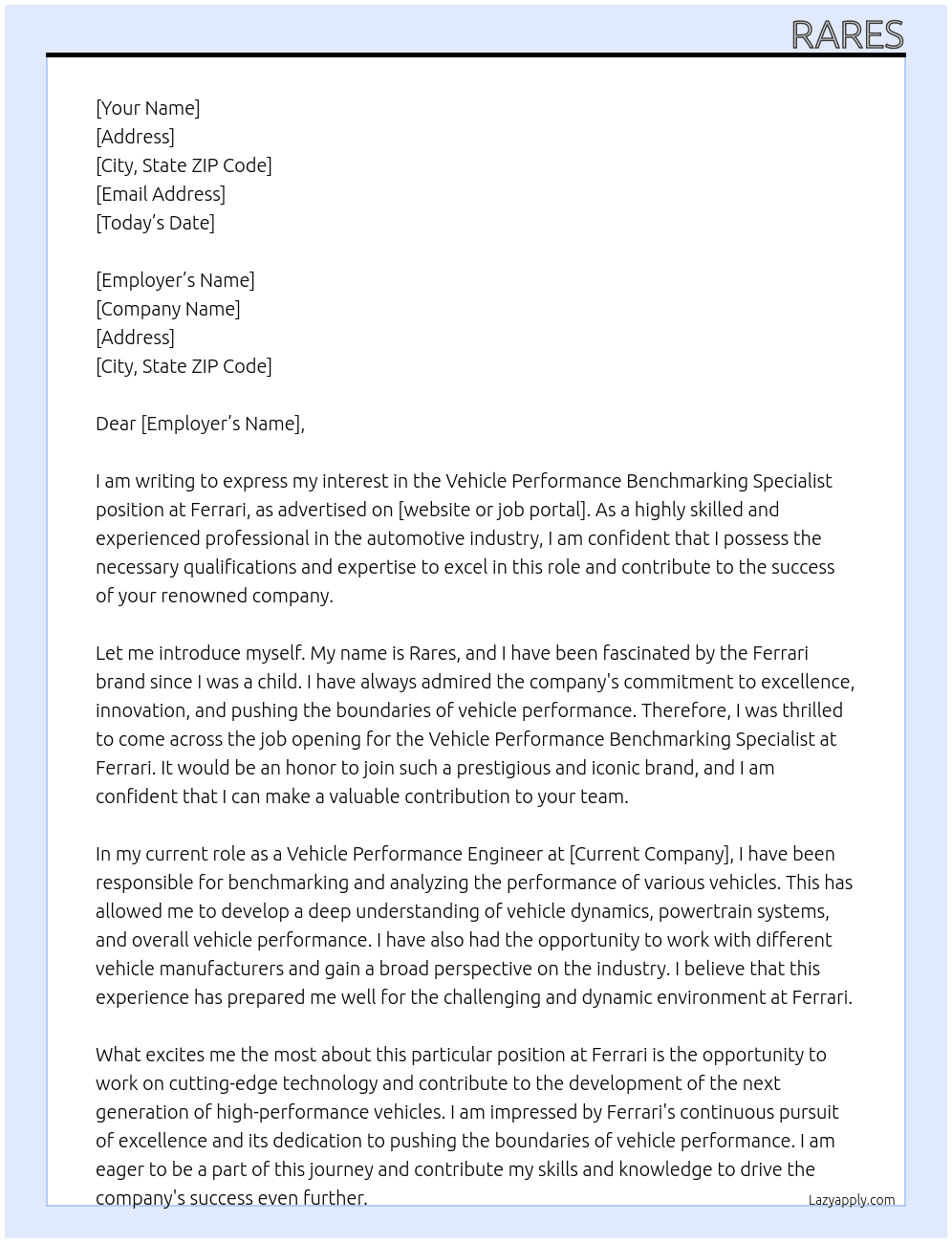 Vehicle Performance Benchmarking Specialist At Ferrari Cover Letter