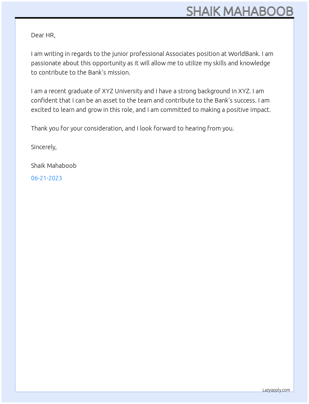 junior professional Associates At WorldBank Cover Letter