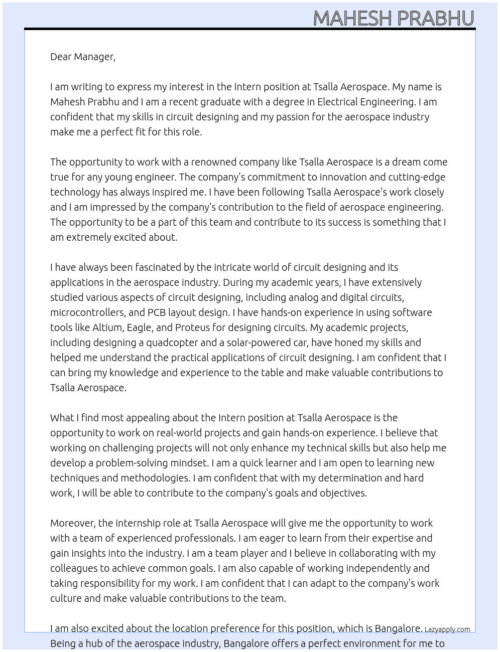 intern At tsalla aerospace Cover Letter