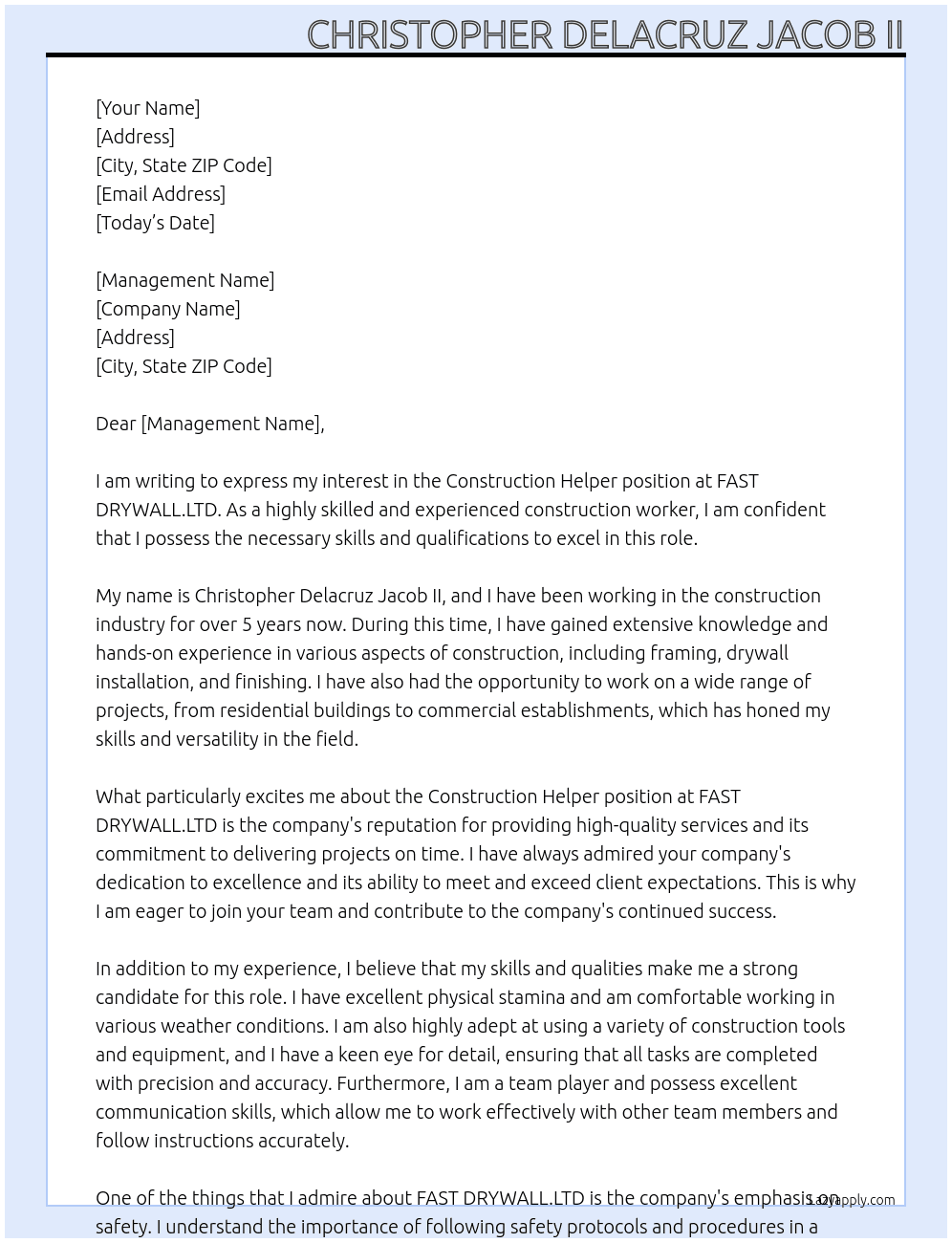 Contruction helper  At FAST DRYWALL.LTD Cover Letter