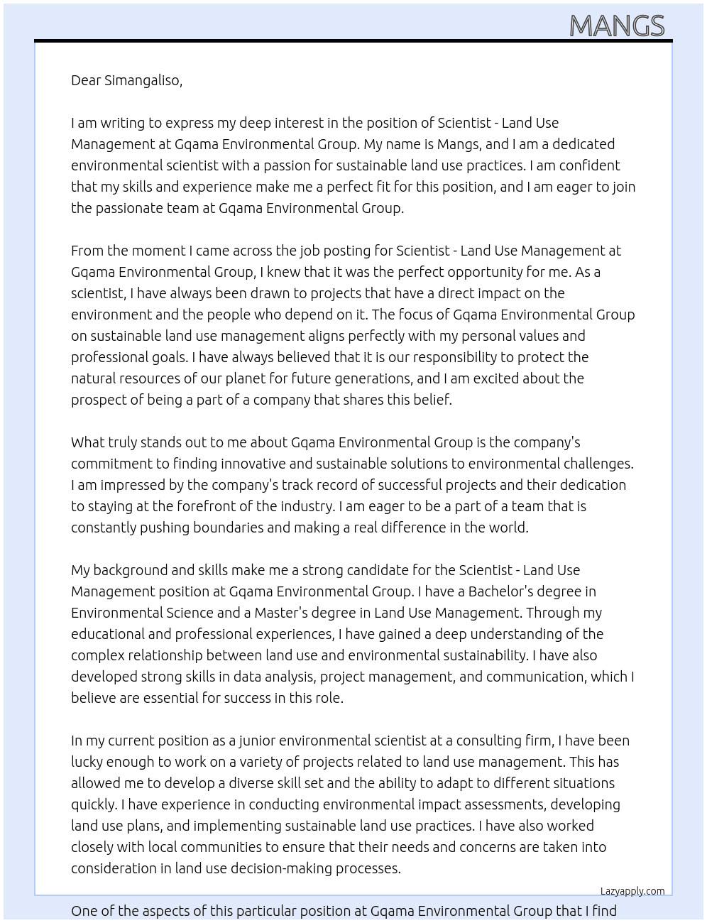 Scientist - Land use management  At Gqama Envrionmental Group  Cover Letter