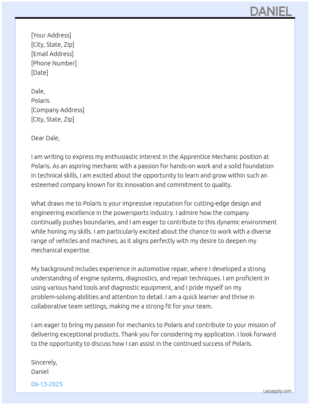 Apprentice mechanic At Polaris Cover Letter