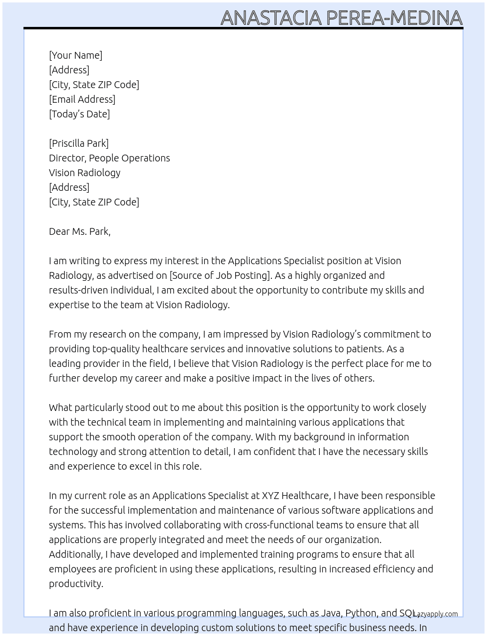 Applications Specialist At Vision Radiology Cover Letter