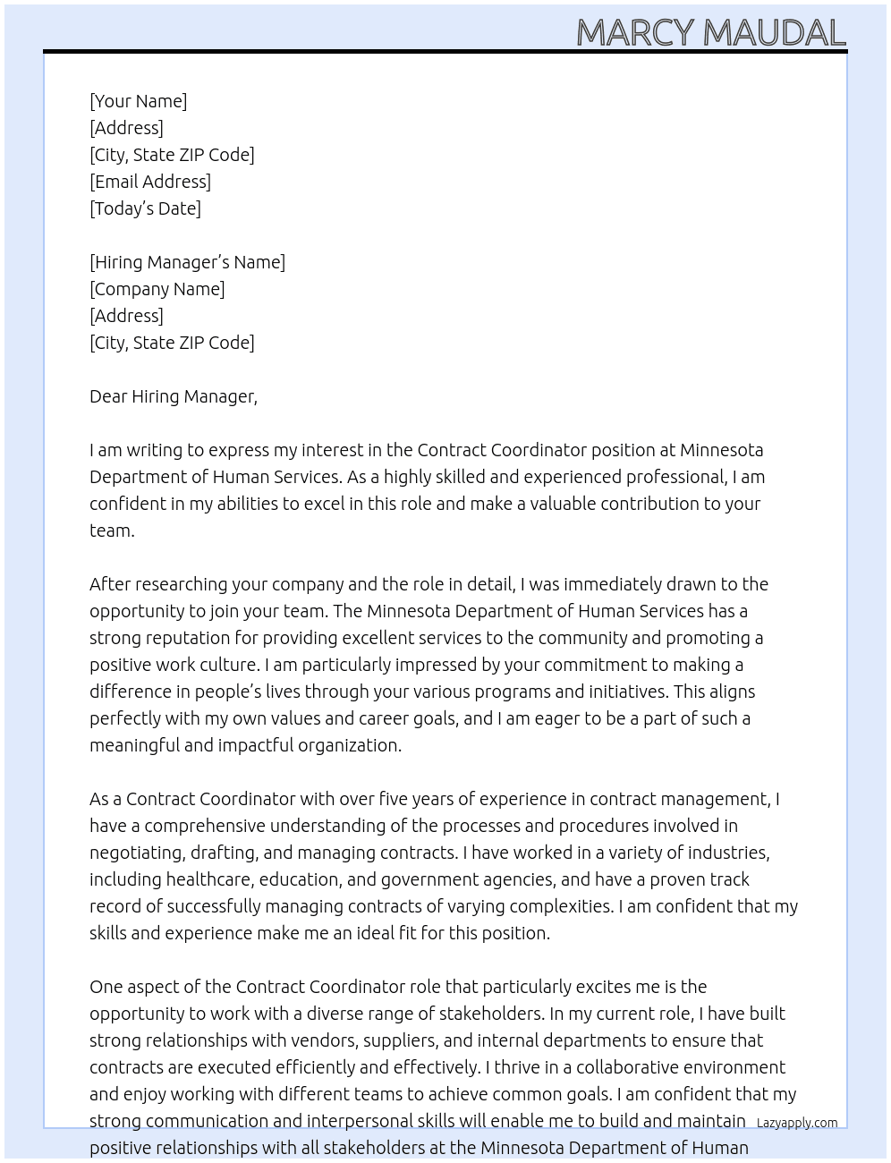 Contract Coordinator  At Minnesota Department of Human Services  Cover Letter