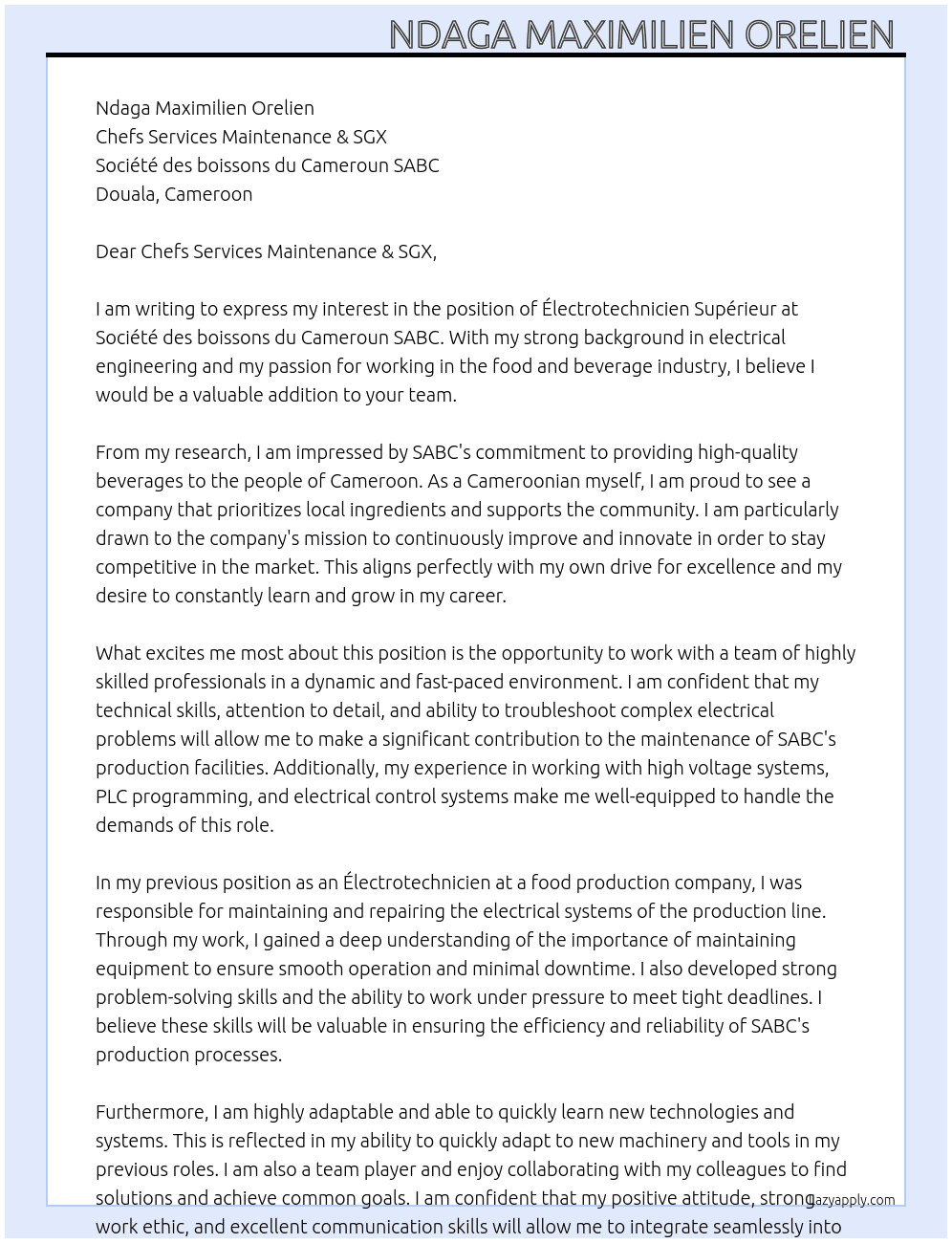 Cover letter for électrotechnicien supérieur - LazyApply