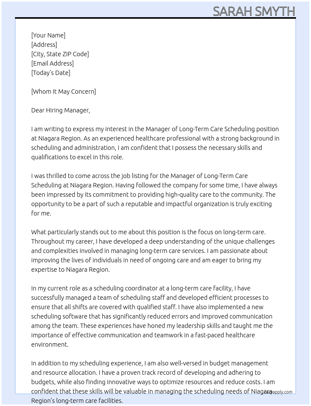 Manager of Long-Term Care Scheduling At Niagara Region Cover Letter
