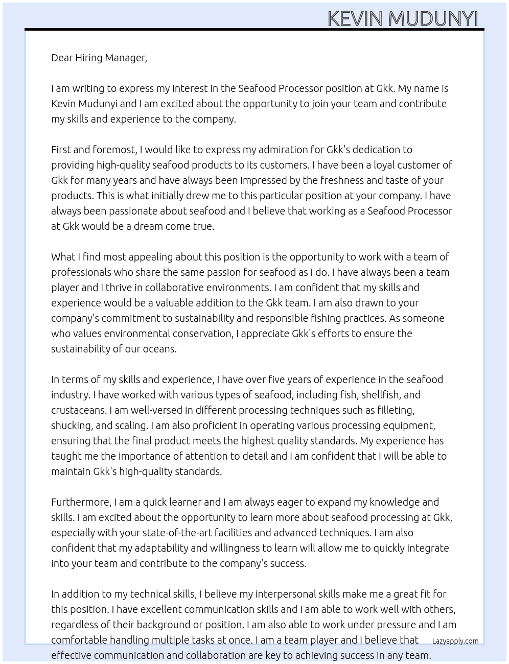 Seafood processor  At Gkk Cover Letter