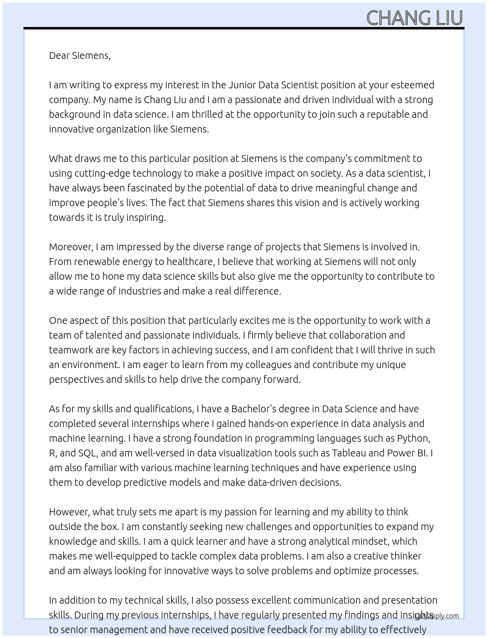 junior data scientist At Siemens Cover Letter