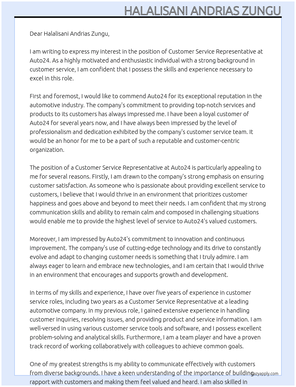 customer service representative At Auto24 Cover Letter