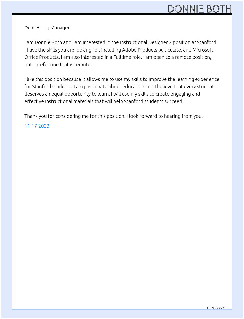Instructional Designer 2 At Stanford Cover Letter