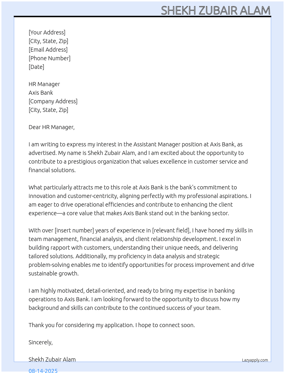 Assistant manager  At Axis bank  Cover Letter