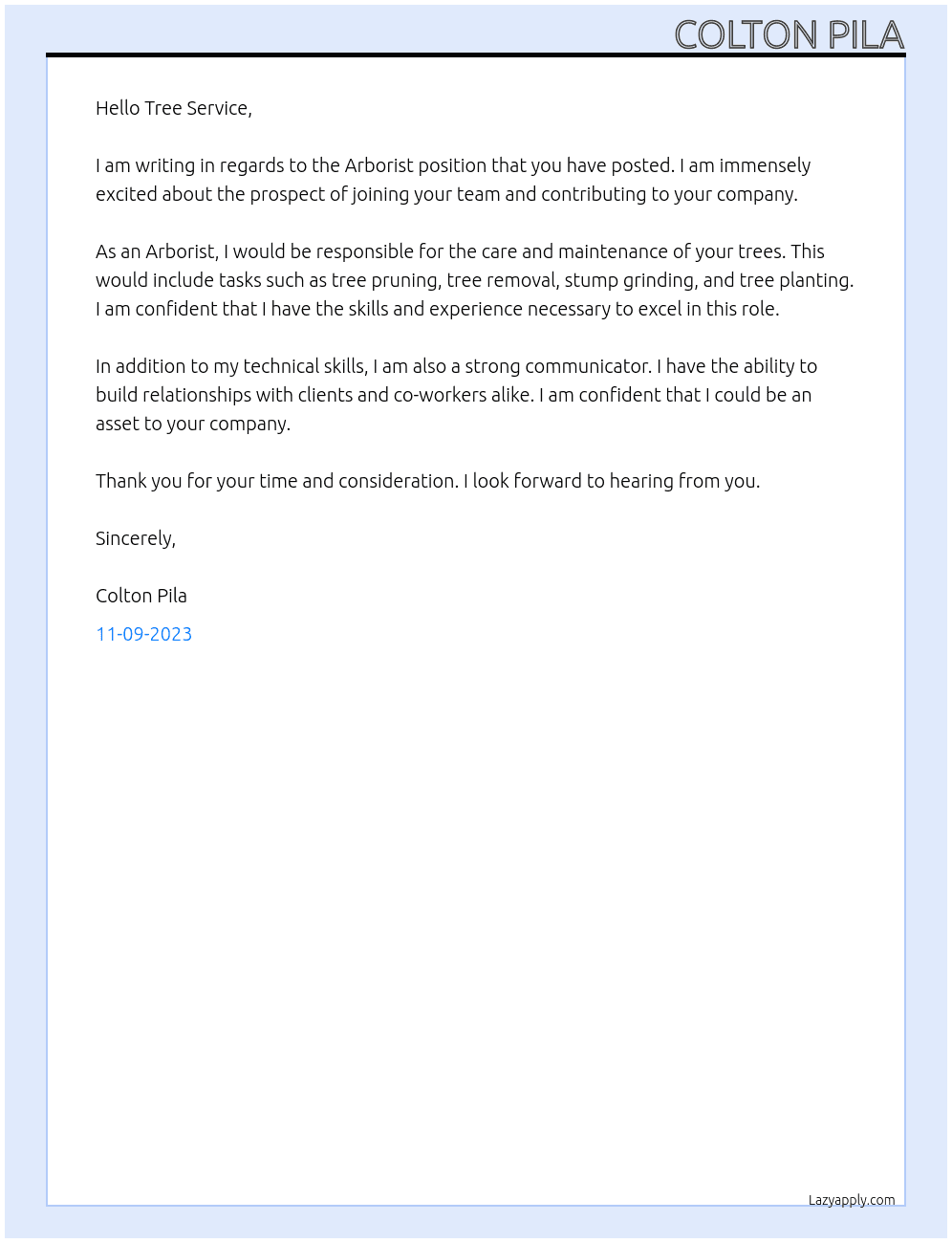 Arborist At Tree Service Cover Letter
