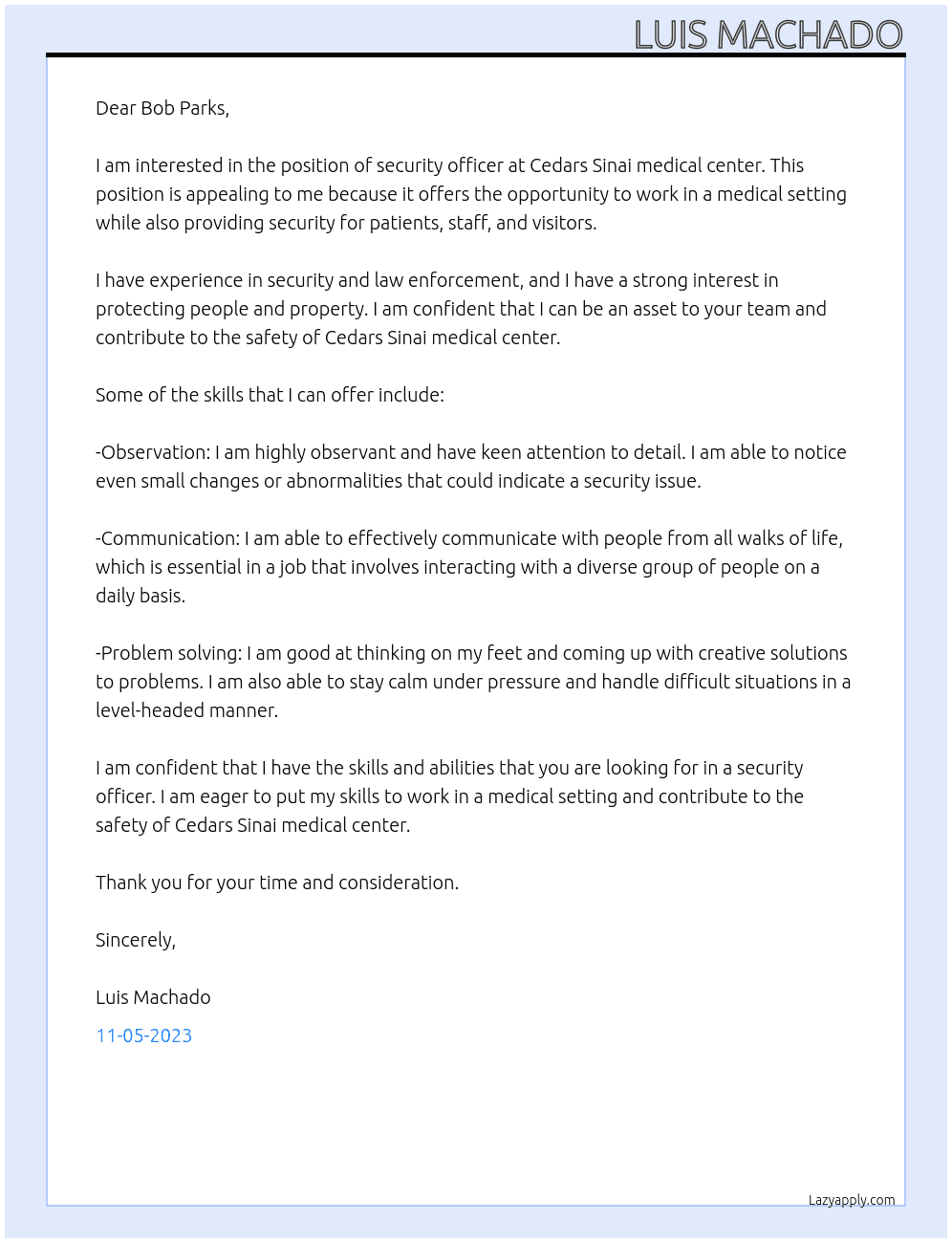 Security Officer At Cedars Sinai medical center Cover Letter