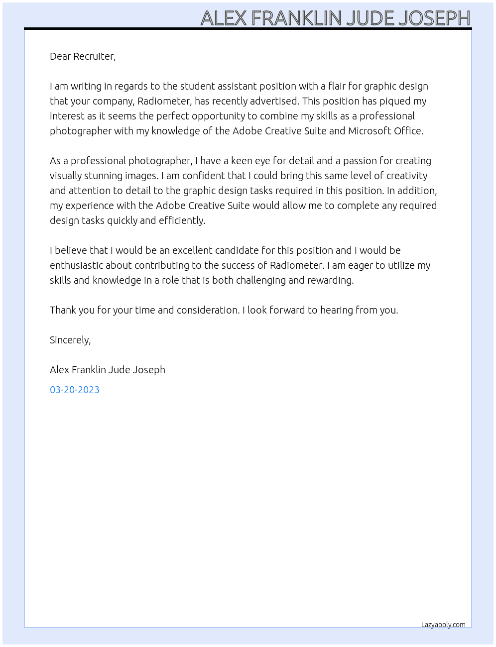 Student assistant with a flair for graphic design At Radiometer Cover Letter
