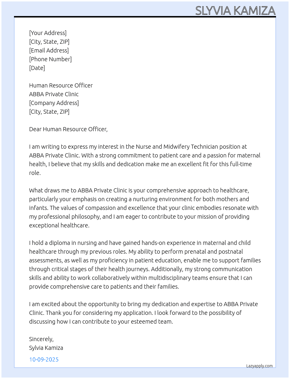 nurse and midwifery technician At ABBA private clinic Cover Letter