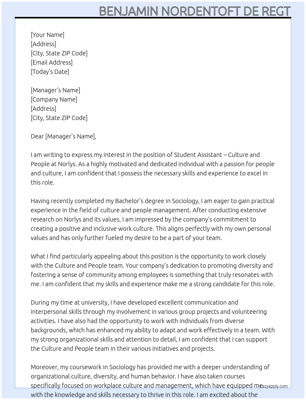 Student assistant - culture and people At Norlys Cover Letter